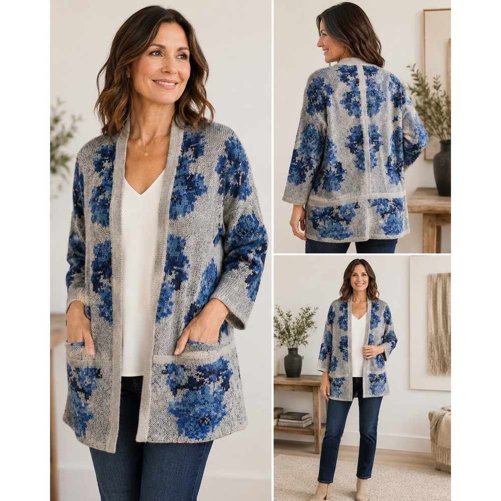 J Jill Womens Large Blue Floral Open Front Cardigan Wool Blend Knit Sweater